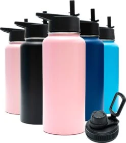 Thermosfles - Pastel Pink - 1 Liter - Extra Dop Met Rietje & Drinktuit - Thermosflessen - Isoleerfles - BPA Vrij - Lekvrij - Thermosfles 1 Liter - Isoleerfles 1 Liter - Thermoskan - Isoleerbeker - Thermosbeker