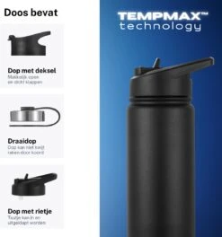Thermo Master - Thermosfles & Drinkfles - Waterfles - 0,5 Liter - Midnight Black - 3 Doppen -Premium Waterflessenwinkel 1124x1200
