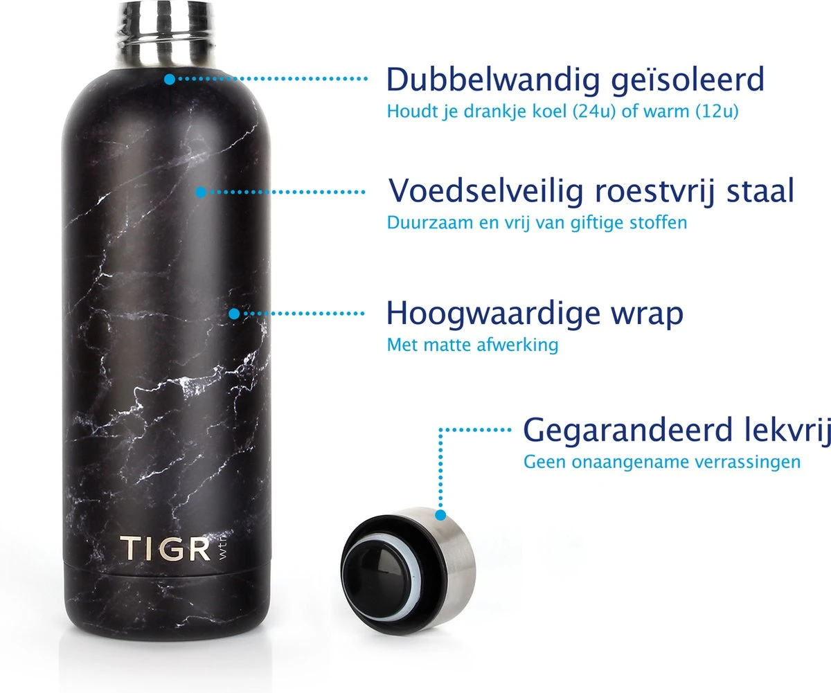 TIGR The Combo - Voordeelset Minimalist Thermosfles En Cup Warmhoudbeker - 500ml - Zwart Marmer 4 TIGR The Combo - Voordeelset Minimalist Thermosfles En Cup Warmhoudbeker - 500ml - Zwart Marmer - Afbeelding 2