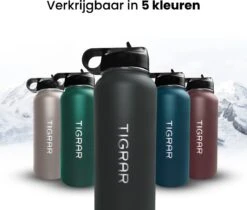 Tigrar - Drinkfles - Waterfles - Thermosfles 1 Liter - RVS - (Grafiet) Zwart - Incl. Extra Dop 3 Rietjes En Reiniger -Premium Waterflessenwinkel 1200x1021 2