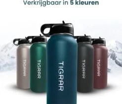 Tigrar - Waterfles - Drinkfles - Thermosfles 1 Liter Dubbelwandig - RVS - (Staal) Blauw - Incl. Extra Dop 3 Rietjes En Reiniger -Premium Waterflessenwinkel 1200x1021