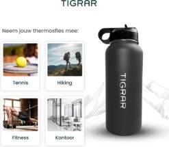 Tigrar - Drinkfles - Waterfles - Thermosfles 1 Liter - RVS - (Grafiet) Zwart - Incl. Extra Dop 3 Rietjes En Reiniger -Premium Waterflessenwinkel 1200x1044 2