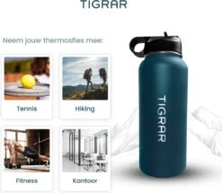 Tigrar - Waterfles - Drinkfles - Thermosfles 1 Liter Dubbelwandig - RVS - (Staal) Blauw - Incl. Extra Dop 3 Rietjes En Reiniger -Premium Waterflessenwinkel 1200x1044