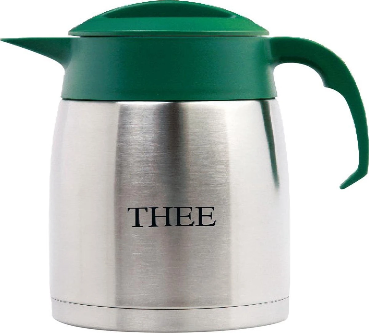 Isoleerkan EasyClean 1,2 Liter Rvs Met Opschrift THEE En Groen Kunststof Dop En Handgreep 3 Isoleerkan EasyClean 1,2 Liter Rvs Met Opschrift THEE En Groen Kunststof Dop En Handgreep