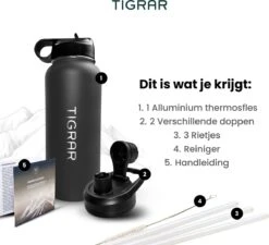 Tigrar - Drinkfles - Waterfles - Thermosfles 1 Liter - RVS - (Grafiet) Zwart - Incl. Extra Dop 3 Rietjes En Reiniger -Premium Waterflessenwinkel 1200x1092