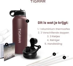 Tigrar - Waterfles Met Rietje - Drinkfles 1 Liter - Thermosfles - RVS - Rood - Incl. Extra Dop, 3 Rietjes En Reiniger -Premium Waterflessenwinkel 1200x1093 1