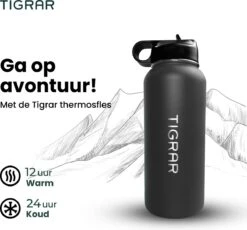 Tigrar - Drinkfles - Waterfles - Thermosfles 1 Liter - RVS - (Grafiet) Zwart - Incl. Extra Dop 3 Rietjes En Reiniger -Premium Waterflessenwinkel 1200x1116