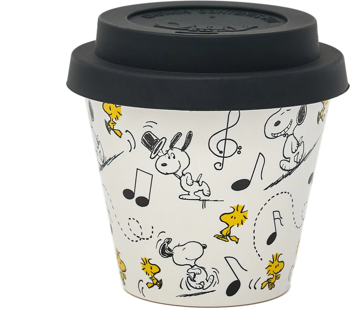 Quy Cup - 90ml Ecologische Reis Beker - Espressobeker “Peanuts Snoopy Music” Met Zwarte Siliconen Deksel 3 Quy Cup - 90ml Ecologische Reis Beker - Espressobeker “Peanuts Snoopy Music” Met Zwarte Siliconen Deksel