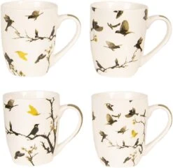 Clayre & Eef Mokken Set Van 4 300 Ml Beige Bruin Porselein Rond Vogels Koffiemok Cadeau Voor Haar Theemok -Premium Waterflessenwinkel 1200x1173 3