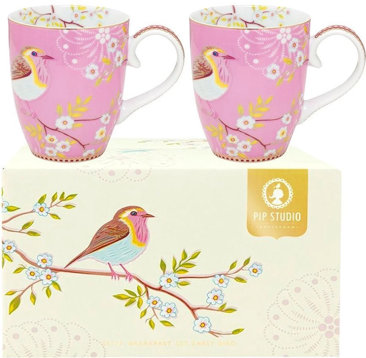 PIP Studio Set Van 2 Pink Early Birds Mugs Large In Gift Box 3 PIP Studio Set Van 2 Pink Early Birds Mugs Large In Gift Box