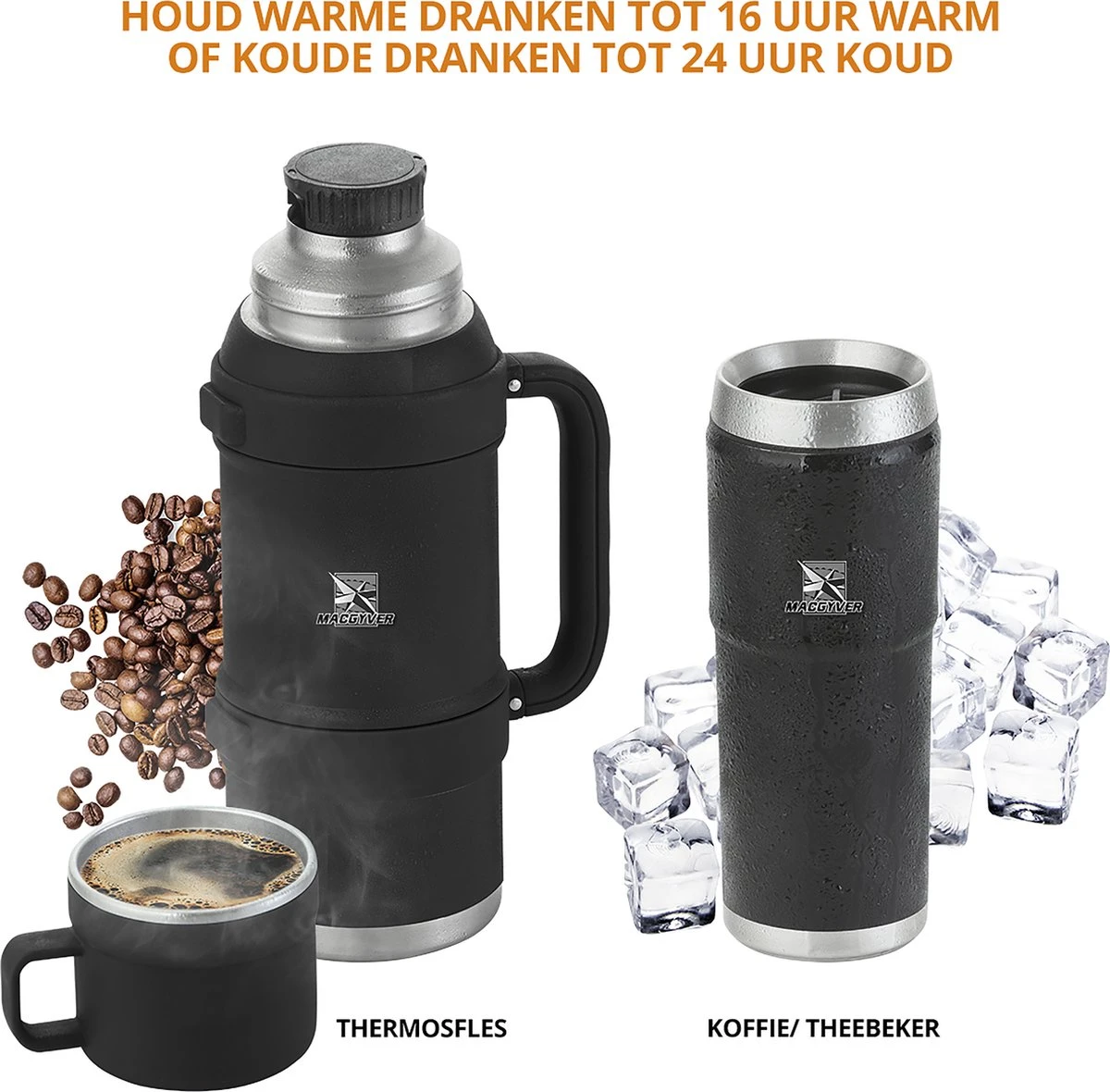 MacGyver RVS Thermoskan 1.5 Ltr – RVS Thermosbeker 0,55 Ltr - Langdurig Warm/koud - Zwart 6 MacGyver RVS Thermoskan 1.5 Ltr – RVS Thermosbeker 0,55 Ltr - Langdurig Warm/koud - Zwart - Afbeelding 4