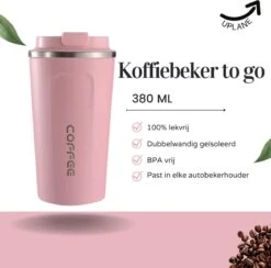 Thermosbeker - Koffiebeker To Go - Travel Mug - Dubbelwandig, RVS & Lekvrij - Thermosbeker Koffie - 380 ML – Roze -Premium Waterflessenwinkel 1200x1184 5