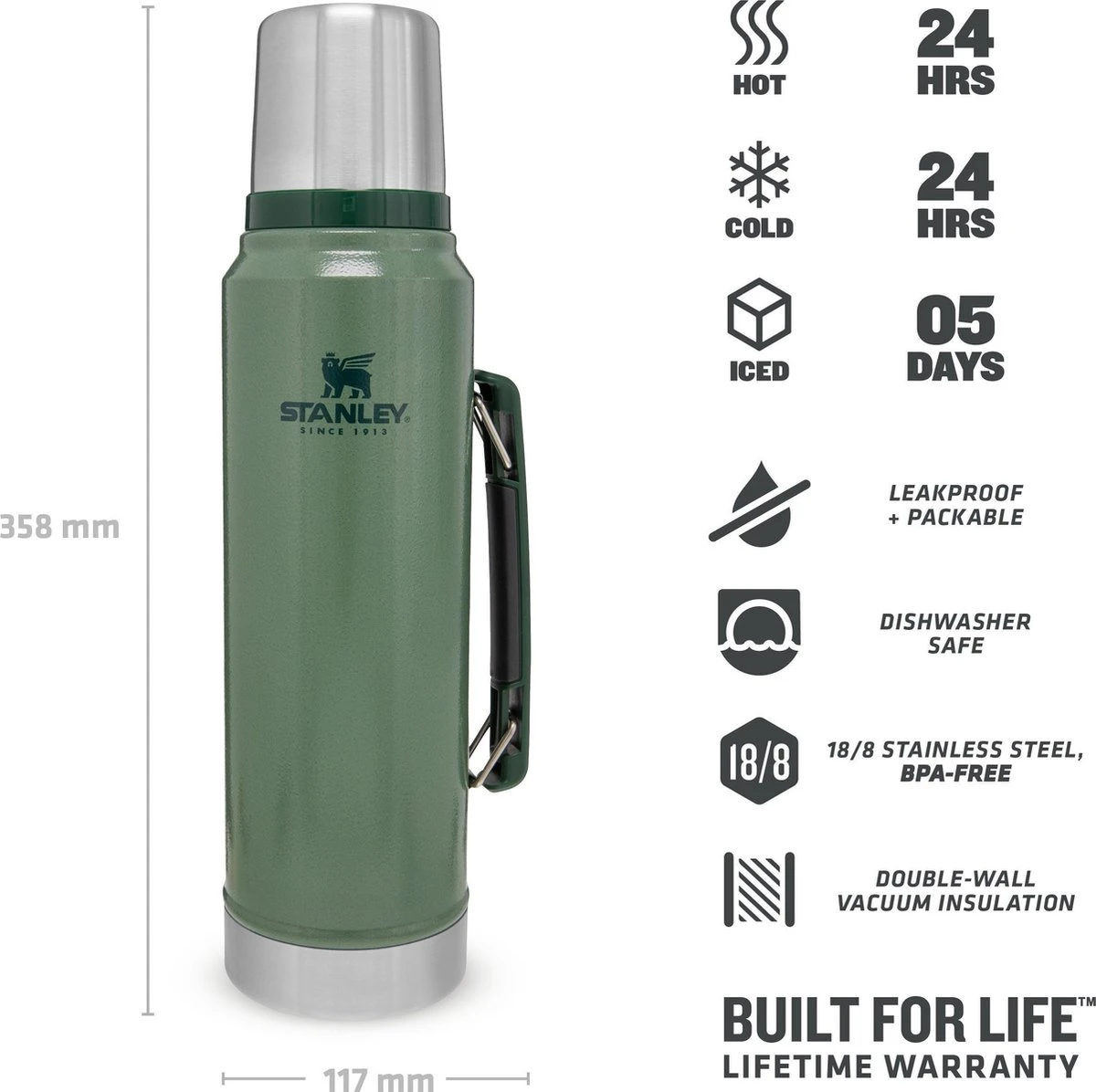 Stanley The Legendary Classic Bottle 1,00L - Thermosfles - Hammertone Green 5 Stanley The Legendary Classic Bottle 1,00L - Thermosfles - Hammertone Green - Afbeelding 3