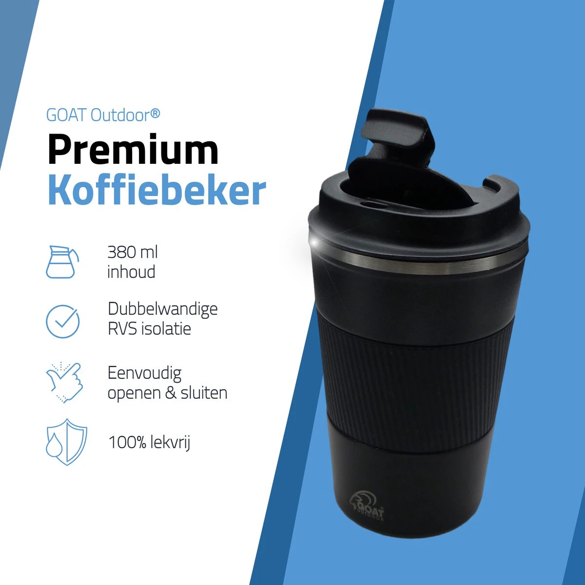 GOAT Outdoor RVS Koffiebeker To Go - Thermosbeker - Theebeker - Reisbeker - Lekvrij - 380ml - Zwart 4 GOAT Outdoor RVS Koffiebeker To Go - Thermosbeker - Theebeker - Reisbeker - Lekvrij - 380ml - Zwart - Afbeelding 2