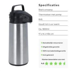 Cheqo® Thermos Pomp - 1.8L Roestvrij Staal - Isoleerkan Met Pomp - Thermoskan Met Pomp - Zwarte Dop & Handvat - Houdt 6 Uur Warm - 1800ml - Afmeting 17x14x36cm -Premium Waterflessenwinkel 1200x1200 20