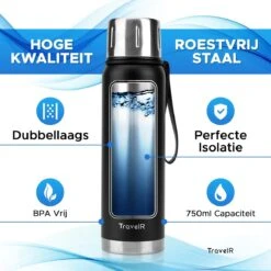 TravelR Thermosfles - Thermoskan - Drinkfles - Isoleerfles - BPA Vrij - Roestvrij Staal - 750 ML - Mat Zwart -Premium Waterflessenwinkel 1200x1200 54