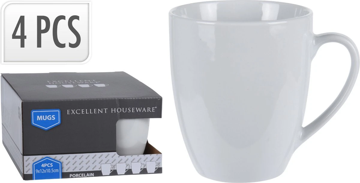 Excellent Houseware Set Van 4x Stuks Bekers/mokken Wit 380 Ml Van Porselein - Melkbekers 7 Excellent Houseware Set Van 4x Stuks Bekers/mokken Wit 380 Ml Van Porselein - Melkbekers - Afbeelding 5