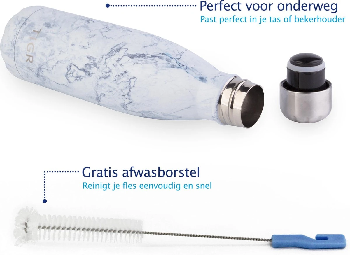 TIGR The Original - Drinkfles - Thermosfles - RVS - 500ml - Marmer - Met Afwasborstel 6 TIGR The Original - Drinkfles - Thermosfles - RVS - 500ml - Marmer - Met Afwasborstel - Afbeelding 4