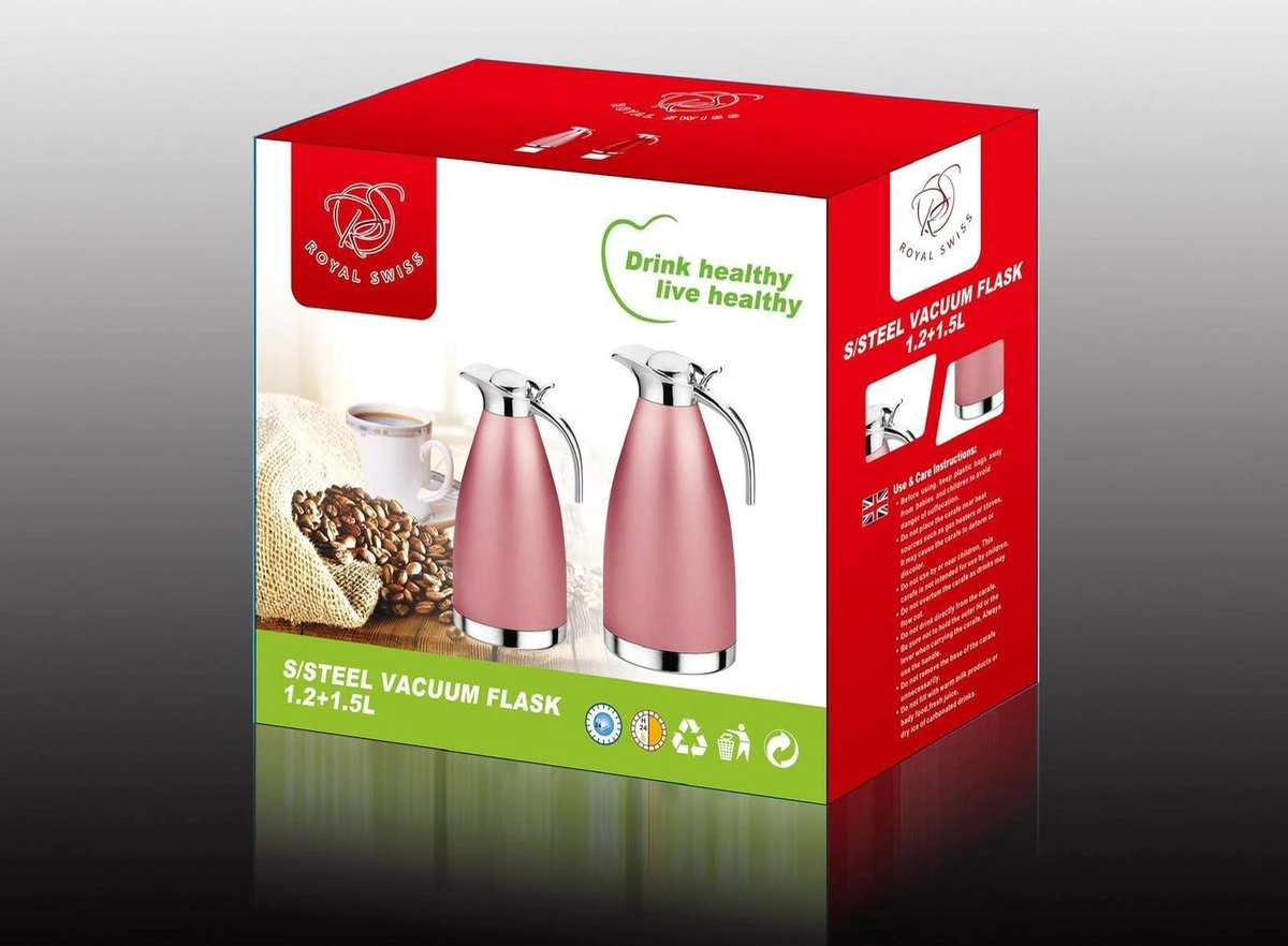 Royal Swiss - Thermoskan - Set Van Twee 1,2 Liter En 1,6 Liter - Thermosfles (Roze) 4 Royal Swiss - Thermoskan - Set Van Twee 1,2 Liter En 1,6 Liter - Thermosfles (Roze) - Afbeelding 2